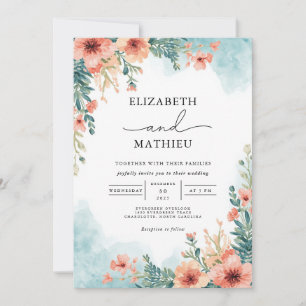 Coral Blossom Watercolor Floral Wedding Invitation