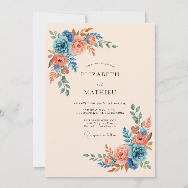 Coral Blue Blossom Romance Wedding Invitation (Front)