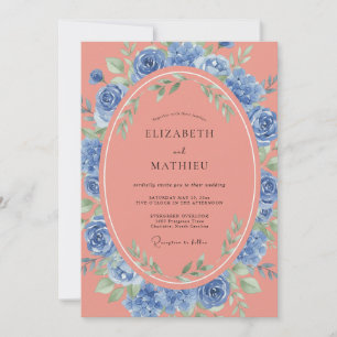 Coral Blue Blossom Wedding Invitation