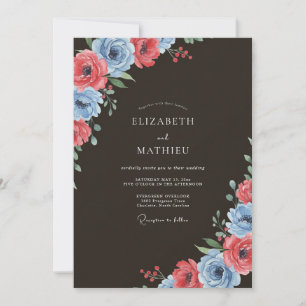 Coral Blue Botanical Spring Wedding Invitation