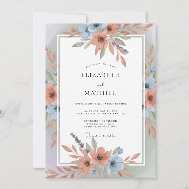Coral Blue Breezy Spring Wedding Invitation (Front)