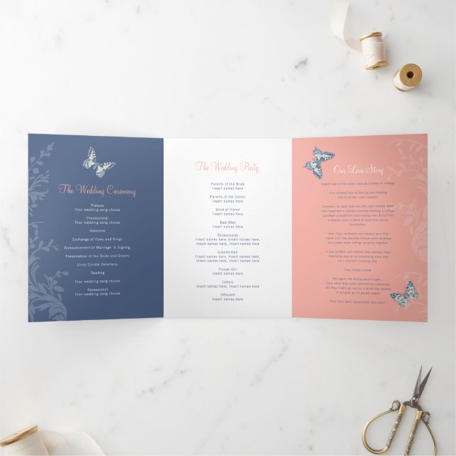 Coral blue butterfly love story wedding Tri-Fold programme (Inside)