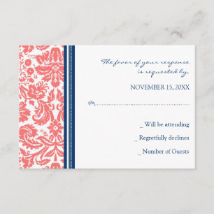Coral Blue Damask RSVP Wedding Card