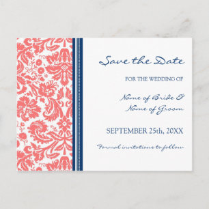 Coral Blue Damask Save the Date Wedding Postcard