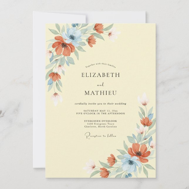 Coral Blue Delicate Floral Wedding Invitation (Front)