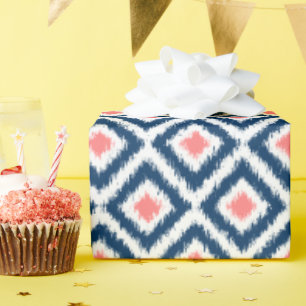 Coral Blue Diamonds Ikat Pattern Wrapping Paper