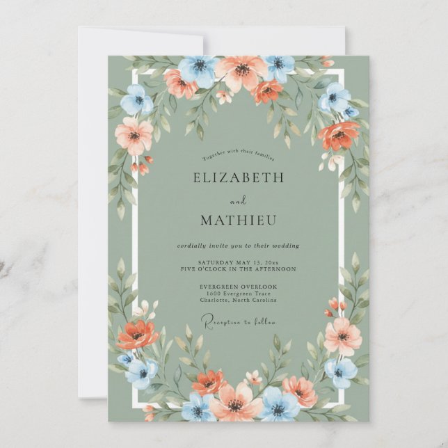 Coral Blue Floral Arch Wedding Invitation (Front)