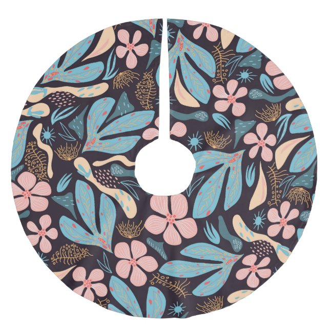 Coral Blue Floral Dark Print Brushed Polyester Tree Skirt (Front)