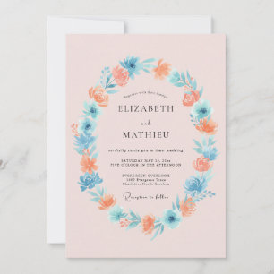 Coral Blue Floral Meadow Wedding Invitation