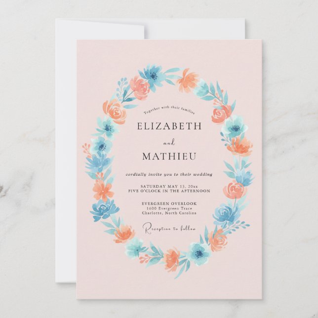 Coral Blue Floral Meadow Wedding Invitation (Front)