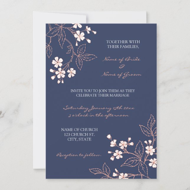 Coral Blue Floral Photo Wedding Invitation Cards (Front)