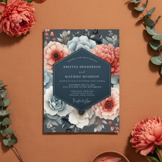 Coral Blue Floral Romance Wedding Invitation (Creator Uploaded)