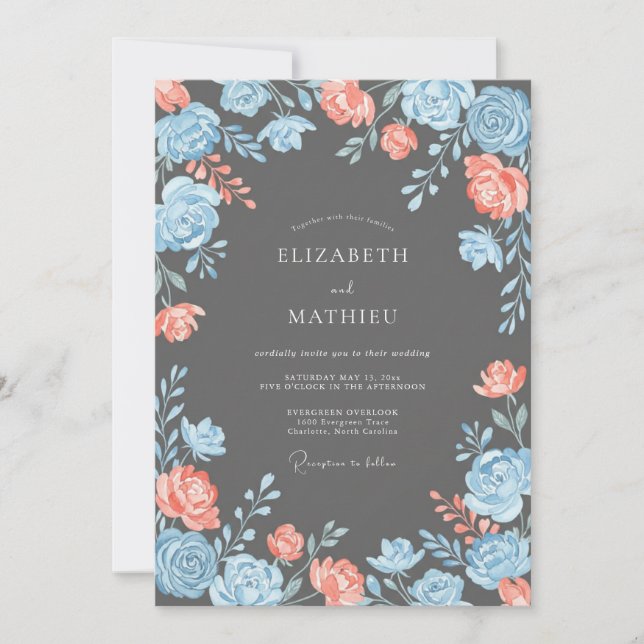 Coral Blue Floral Romantic Wedding Invitation (Front)