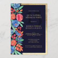 Coral Blue Gold Floral Watercolor Quinceañera