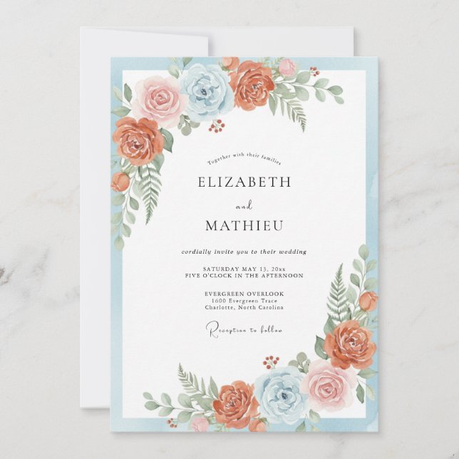 Coral Blue Graceful Botanical Wedding Invitation (Front)