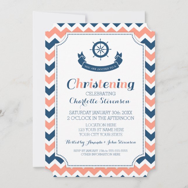 Coral Blue Nautical Custom Christening Invitations (Back)