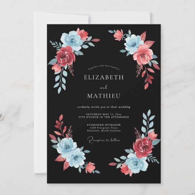 Coral Blue Painterly Romance Wedding Invitation (Front)