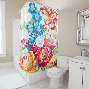 Coral Blue & Pink Victorian Floral I Love You More Shower Curtain