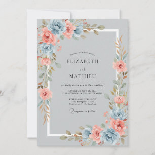 Coral Blue Romantic Floral Wedding Invitation