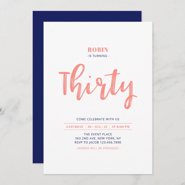 Coral & Blue Simple 30th Birthday Party Invitation (Front/Back)