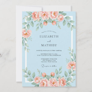 Coral Blue Soft Floral Wedding Invitation