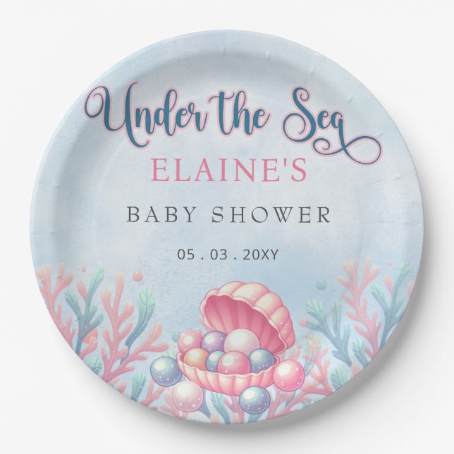 Coral Blue Under The Sea Marine Life Baby Shower  Paper Plate (Front)