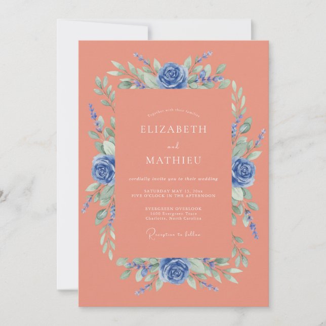 Coral Blue Vivid Spring Wedding Invitation (Front)