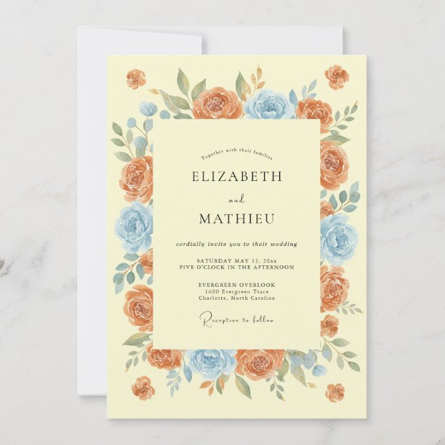 Coral Blue Whimsical Bloom Wedding Invitation (Front)