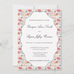 Coral Blue Wildflower Garden Wedding Invitation