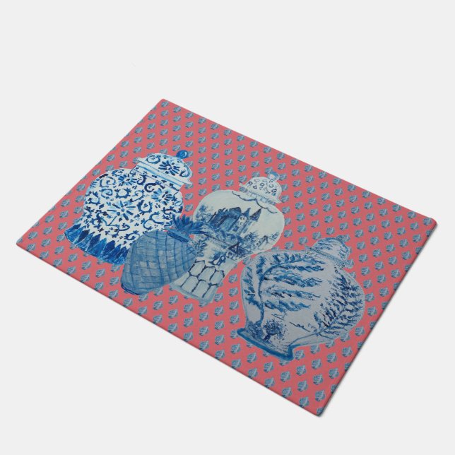 Coral BlueWhite Ginger Jars Doormat (Angled)