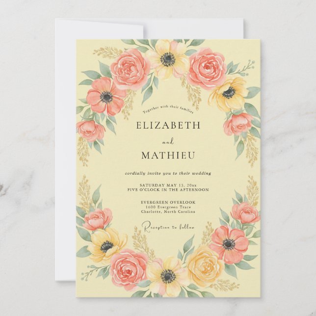 Coral Blush Floral Arch Wedding Invitation (Front)