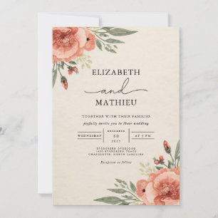 Coral Blush Floral Botanical Wedding Invitation