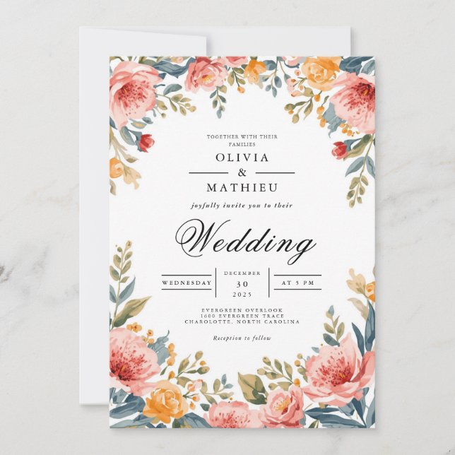 Coral Blush Floral Romance Wedding Invitation (Front)