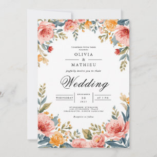 Coral Blush Floral Romance Wedding Invitation