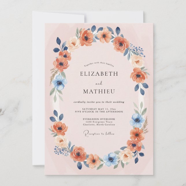 Coral Blush Floral Wreath Wedding Invitation (Front)