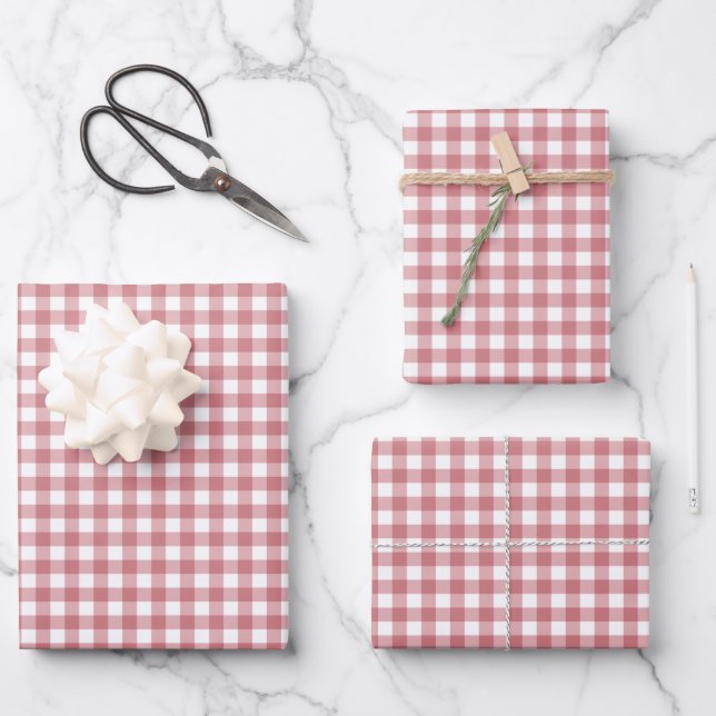 Coral Blush Gingham Check Pattern Wrapping Paper Sheet (Front)