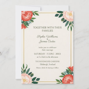 Coral Blush Peony Gold Wedding Invitation