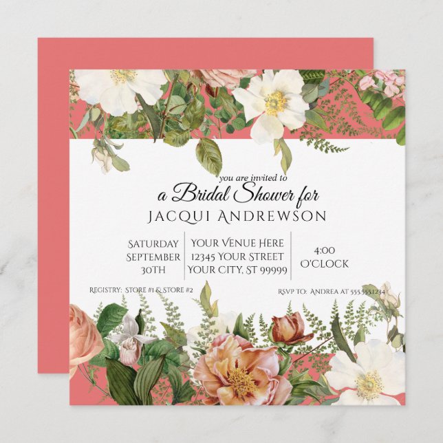 Coral Blush Pink Ivory Roses Floral Bridal Shower Invitation (Front/Back)