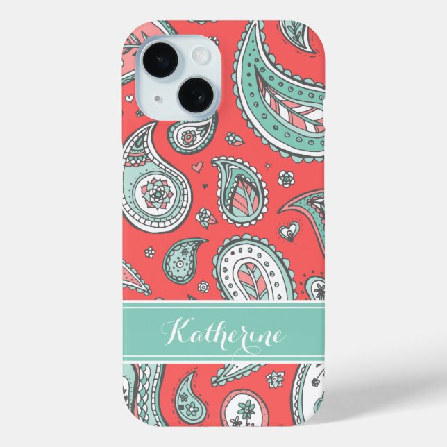 Coral Bohemian Paisley Custom Monogram Case-Mate iPhone Case (Back)