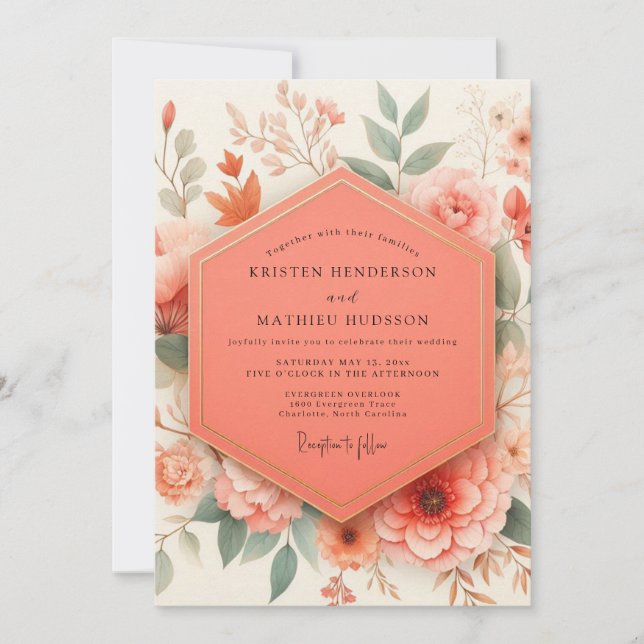 Coral Botanical Romance Wedding Invitation (Front)
