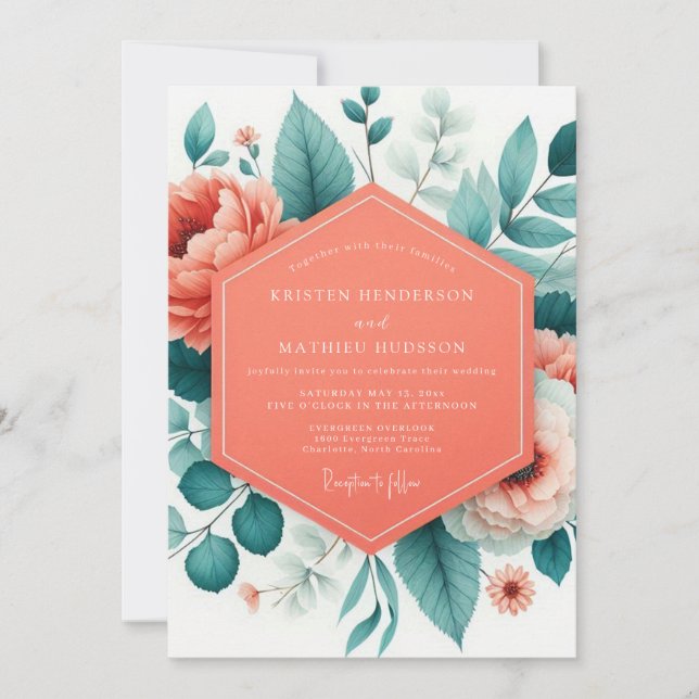 Coral Botanical Romantic Wedding Invitation (Front)