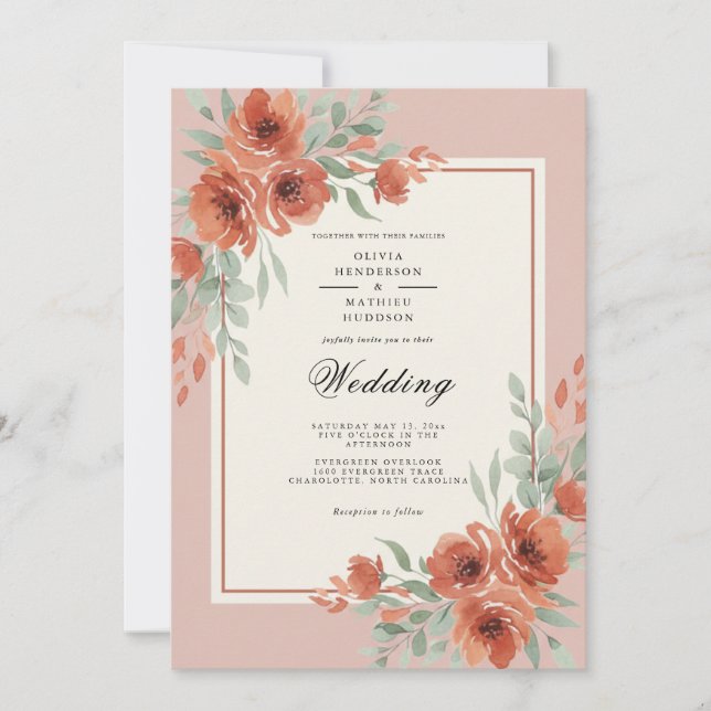 Coral Botanical Romantic Wedding Invitation (Front)