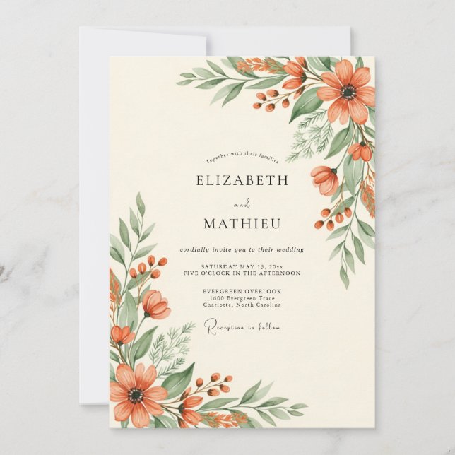 Coral Botanical Rustic Wedding Invitation (Front)