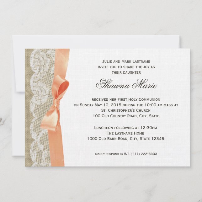 Coral Bow and Burlap First Communion Invitation (Front)