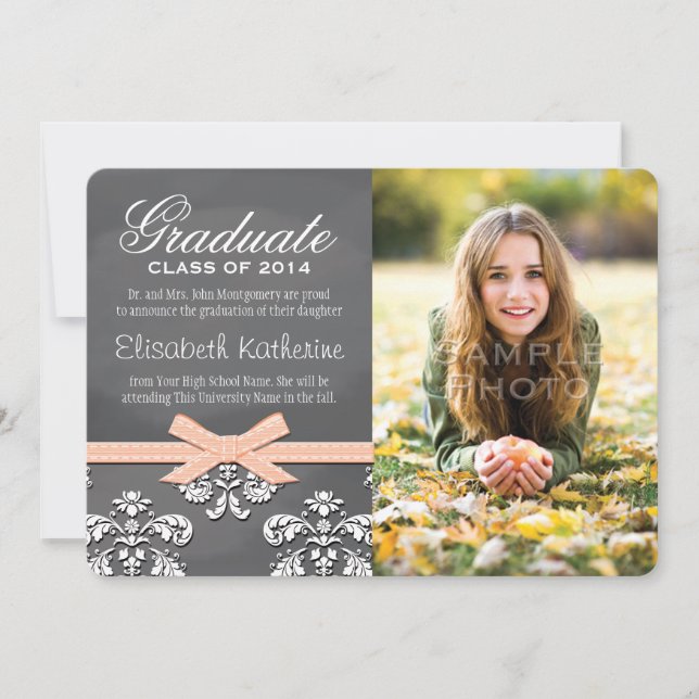Coral Bow Chalkboard Lace Graduation Announcement (Front)