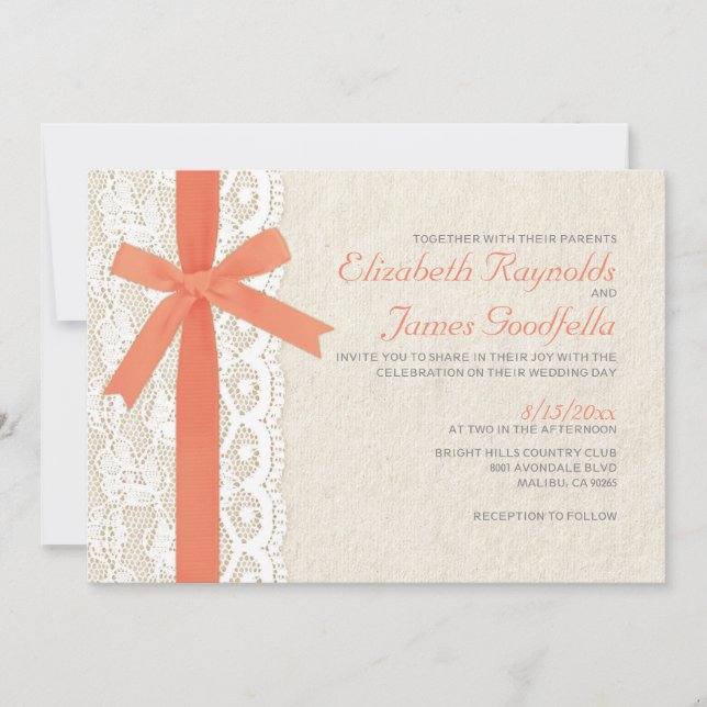 Coral Bow & Lace Wedding Invitations (Front)