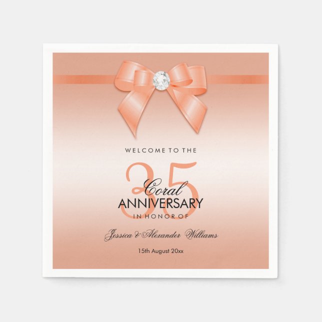 Coral Bow & Ribbon 35th Wedding Anniversary Napkin (Front)