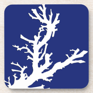 Coral branch - navy blue and white coaster