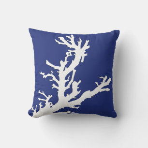 Coral branch - navy blue and white cushion