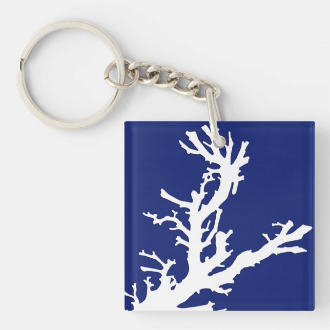 Coral branch - navy blue and white key ring (Front)